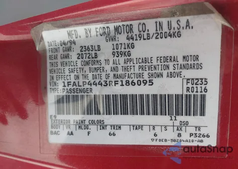 1994 Ford Mustang z USA, uszkodzony, nr VIN 1FALP4443RF186095